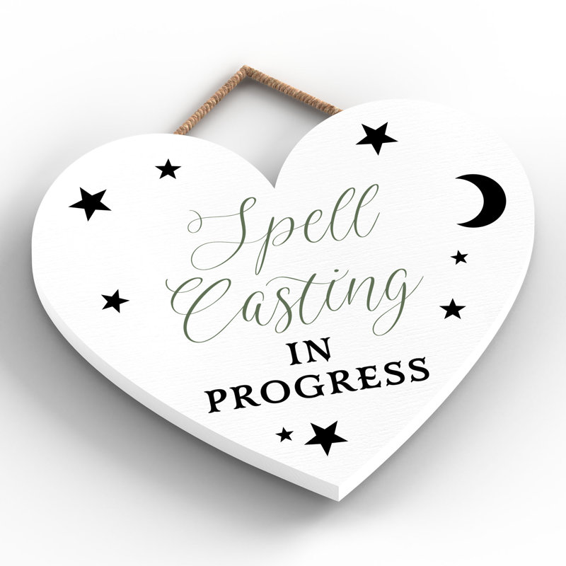 Witch Spell Casting Wooden Heart Plaque, White, 16cm H x 17cm W x 0.9cm D