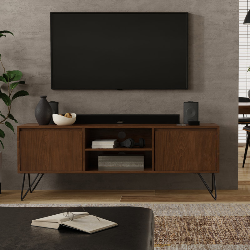 Hunter 60"W Solid Mango Wood Industrial TV Stand for TVs up to 65" with 2 Cabinets and Open Shelf, Walnut Veneer