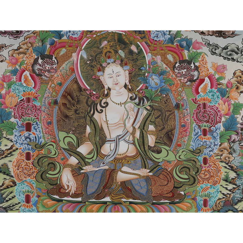 Thangka «Tara blanche - mère aux multiples yeux» peinte à la main | Toile de coton H 35 po x l 24,8 po avec feuille d'or véritable 24 carats