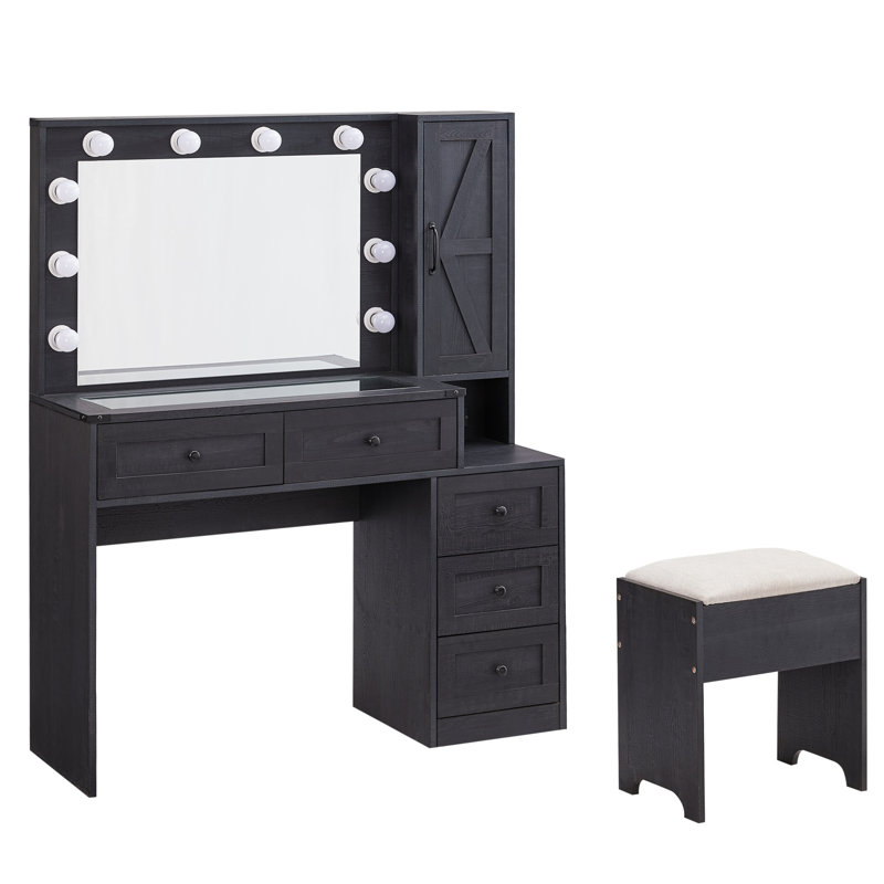 Ensemble de meuble-lavabo 43 po avec miroir à DEL et prise de courant et 5 tiroirs, ensemble de coiffeuse avec tabouret Narvis