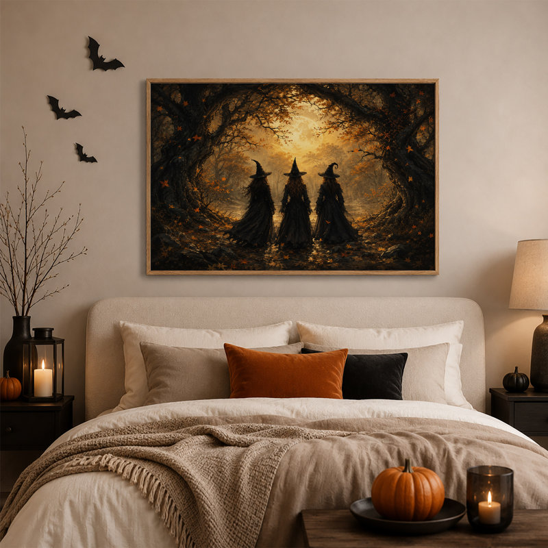 «Three Witches in Golden Autumn Forest Under Full Halloween», art mural, H 36 po x l 48 po
