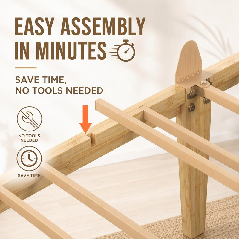Queen 14" Heavy Duty Solid Wood Bamboo Platform Bed Frame With Headboard, Metal Slat Support, Easy Assembly, Queen