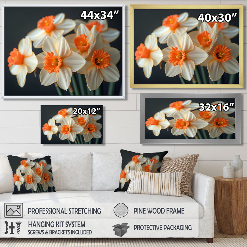 Yellow Orange Sunflower Smile Daffodils - Daffodils Wall Art Living Room, 24" H x 32" W, Black Floater Framed