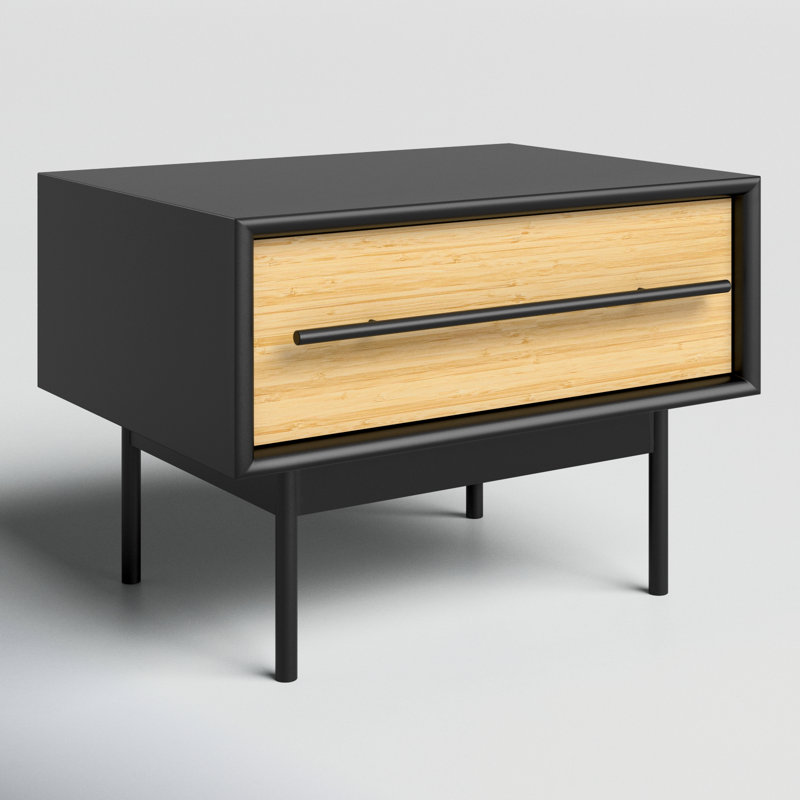 Black and Natural Bamboo 1-Drawer Nightstand with Metal Handle