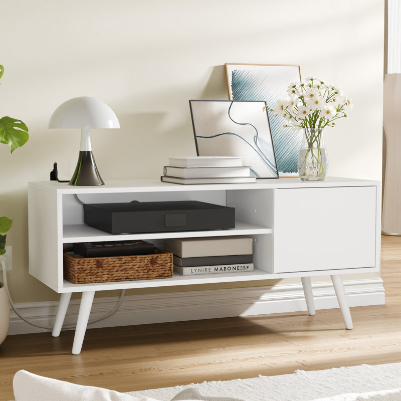 Tiream 2-Drawer Manufactured Wood TV Stand with Charging Station, White