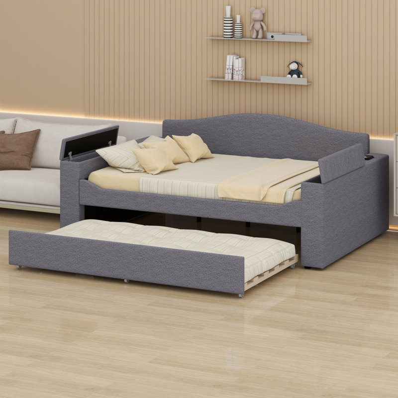 Lit de jour rembourré avec accoudoirs de rangement, lit gigogne et dernier système audio Bluetooth intégré, Gris