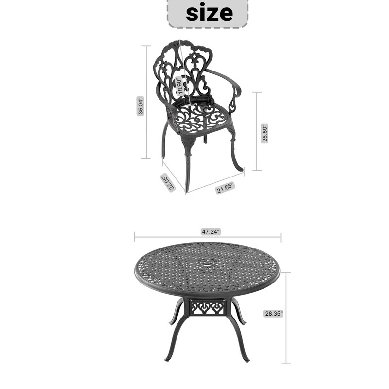 6-Person Black Cast Aluminum Outdoor Dining Set with Beige Cushions