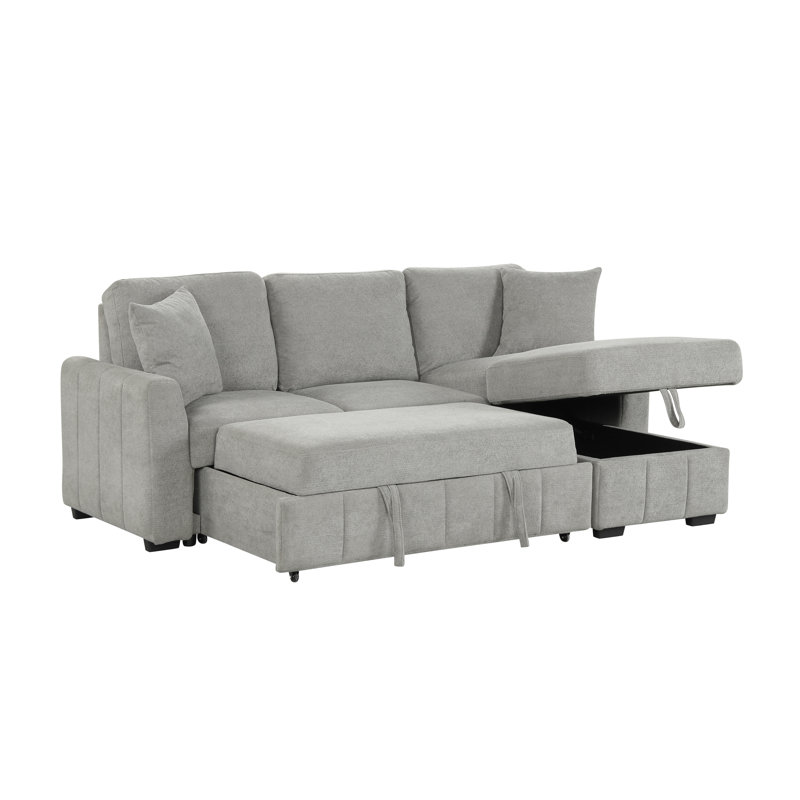 90" L-Shaped Sectional Sleeper Sofa With Reversible Storage Chaise,Modern Convertible Pull Out Couch Bed With Dual Cup Holders And 2 Pollows