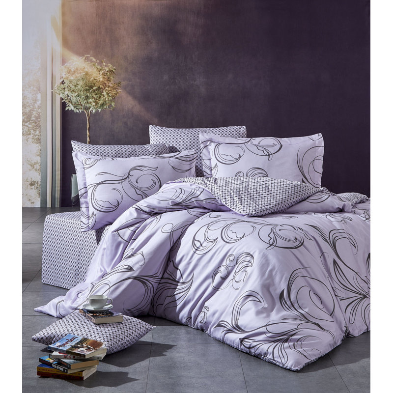 Ensemble de housse de couette 100% coton Maeser, Housse de couette 61 "x 87" + 2 pièces supplémen, Lilas / noir