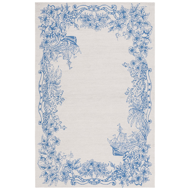 Chelsea Hand Tufted Wool/Cotton Floral Rug in Grey/Blue, Rectangle 3' x 5'