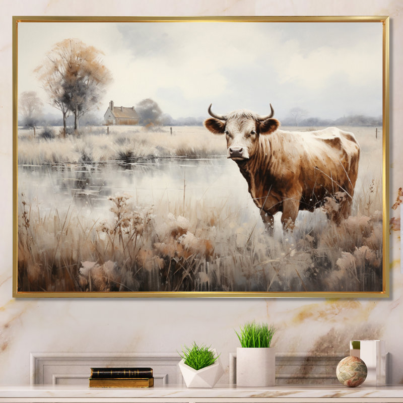 Cow In The Meadow II - Animals Wall Decor, H 30 po x l 40 po x P 1,5 po, Cadre flottant doré