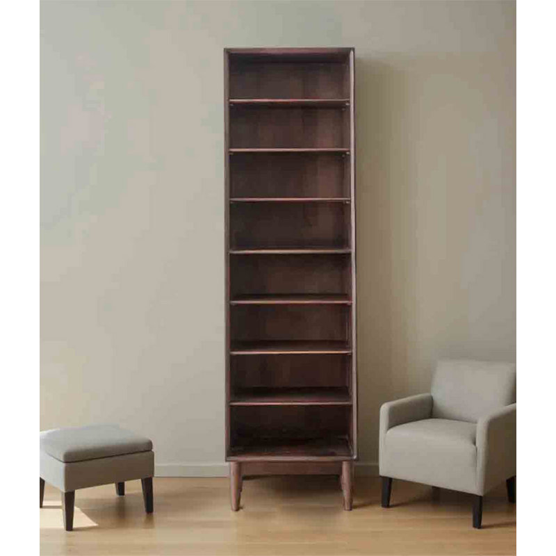 Bibliothèque Mid-Century en pin massif Mid-Century avec pieds fuselés et tablettes réglables, Noyer