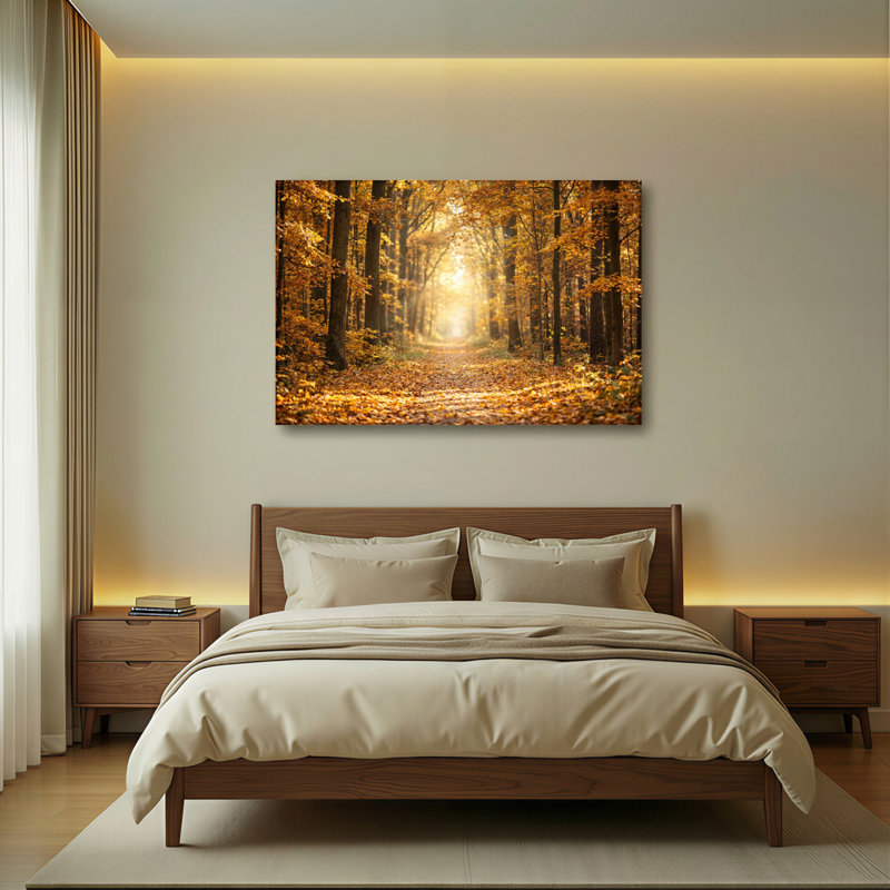 Ensemble de 1 tableau sur toile tendue représentant un chemin forestier d'automne, H 20 po x l 30 po