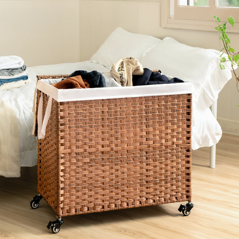 Laundry Hamper With Wheels, 160L Rattan Hampers & 2 Removable Liner Bags, Laundry Basket with Lid, Brown
