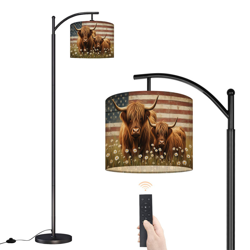 Lampe sur pied à arc avec abat-jour réglable Highland Cows Daisy Field Rustic American Flag