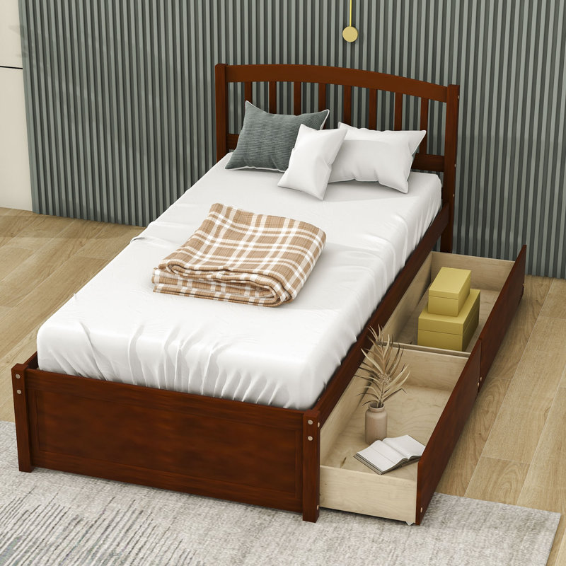 Dishad Twin Size 2 Drawers Wood Platform Bed with Headboard, Walnut