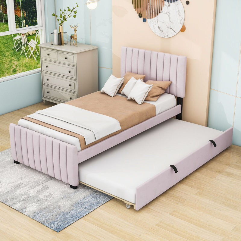 Twin Upholstered Platform Bed with Trundle, Pink