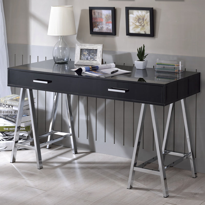 Bureau d'écriture noir à 2 tiroirs noir brillant