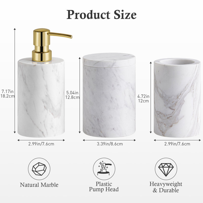 Ensemble de 3 accessoires de salle de bain en marbre naturel - Distributeur de savon, contenant à couvercle et porte-brosse à dents, pour comptoir de salle de bain, meuble-lavabo, salle d'eau
