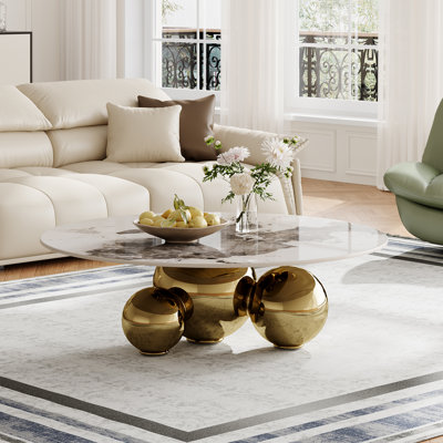 39.5 Round Coffee Table, Modern Coffee Table with Pandora Sintered Stone Tabletop and Three Gold Balls