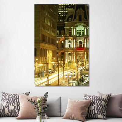 Building Lit Up At Night City Hall, Philadelphia, Pennsylvania, USA - Wrapped Canvas Print