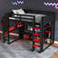 Lit mezzanine simple en bois avec bureau, étagères à rangement multiples, porte-vêtements à DEL et suspendu, noir