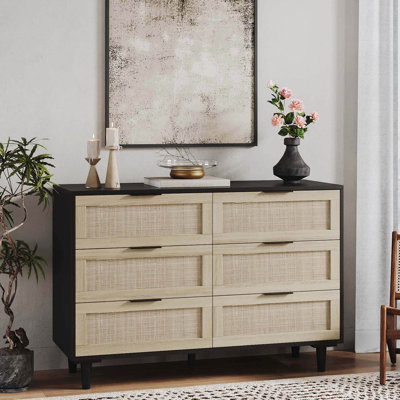 Commode 6 tiroirs pour chambre à coucher, commode en bois et commode avec poignées en métal Aimara