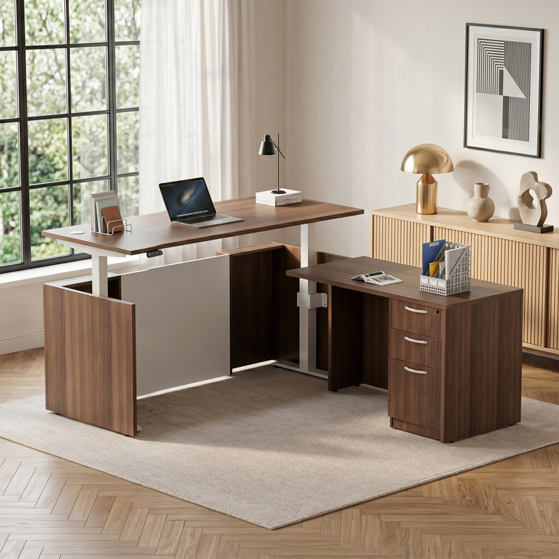 Nishad Adjustable Height Executive Standing Desk Pedestal, Walnut, L-Shape with 3 Drawers