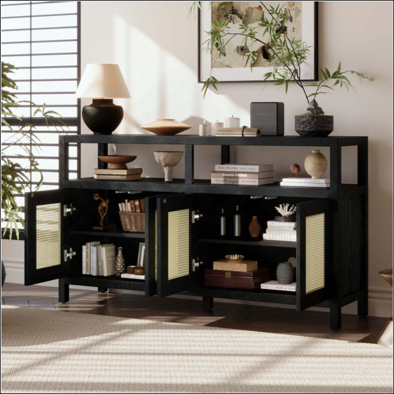 Rattan Buffet Storage Cabinet With Solid Wood Frame, Sideboard With 3-Position Adjustable Shelves For Living & Dining Rooms, No-Handle Push-To-Open Design