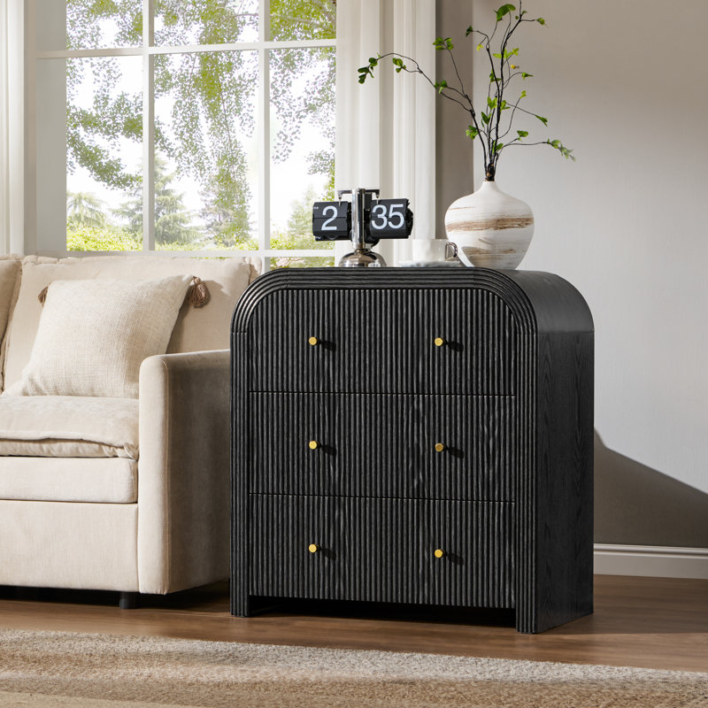 Fluted Panel 3-Drawer Dresser Bedroom Storage Organizer With Metal Handles, Black