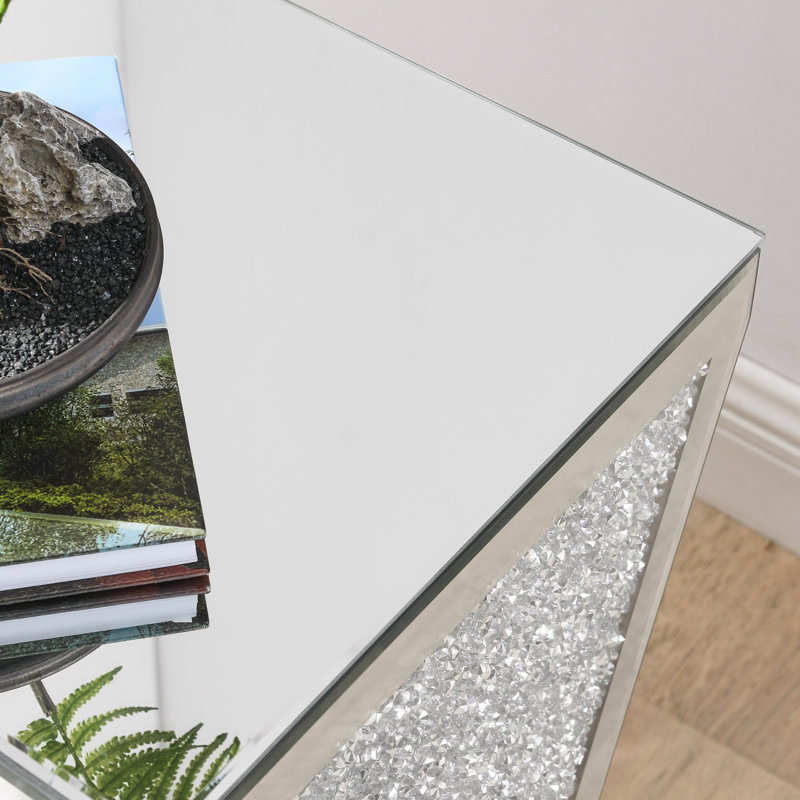 Inverted Triangular Mirror Square Table, Crystal Diamond Inlaid Coffee Table Glass Side Table