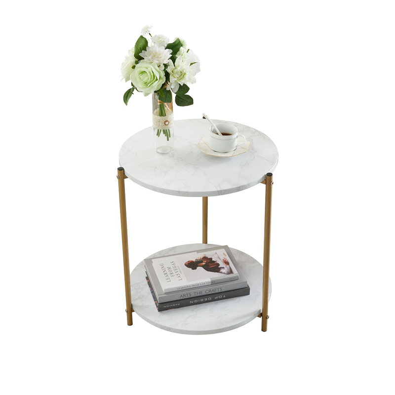 Table de bout Pryinka avec tablettes de rangement en faux marbre et structure en métal, table de chevet pour chambre à coucher, salon ou table d'appoint moderne
