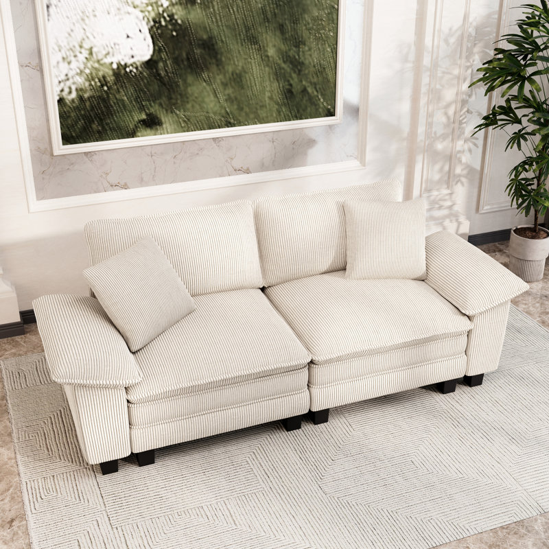 88" Modular Sectional Loveseat Couches For Living Room, 2-seater Deep Seat Sofa With Throw Pillow, Ivory Corduroy