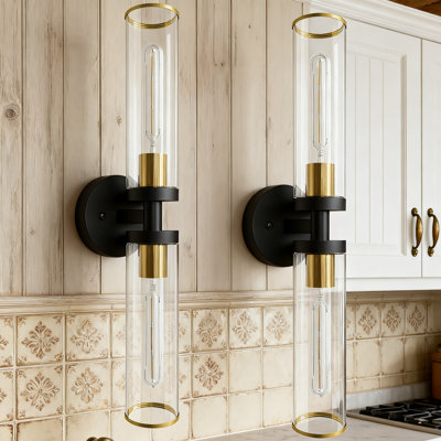 Modern Hardwired Wall Sconces Set Of 2 With Clear Glass Shade, Black And Gold Bathroom Mirror Light For Hallway Bedroom Living Room