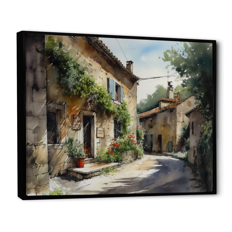 «Richaraj Mediterranean Village Street VI», reproduction sur toile, H 24 po x l 32 po x P 1 po, Cadre flottant noir