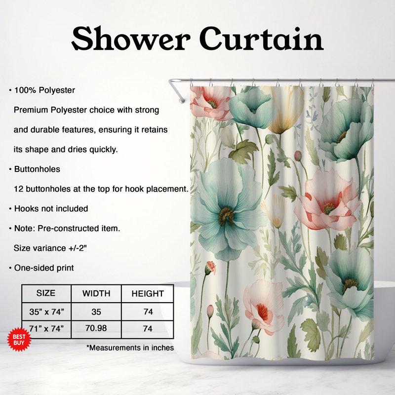 Rideau de douche 1 pièce Soft Petals, H 74 po x l 71 po