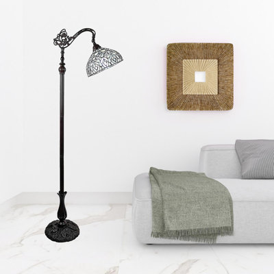 Lampe sur pied de forme traditionnelle brune 72 po avec abat-jour en verre teinté plume de paon blanc