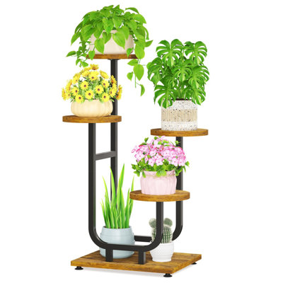 Black 4 Tier Tall Metal And Wood Plant Stand Indoor, Large Heavy Duty Planter Holder Rack For Vertical Corner, Sturdy Iron Spiral Multiple High Flower by Trent Austin Design