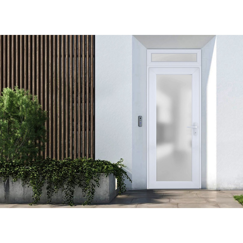 Porte d'entrée extérieure prémontée en fibre de verre, verre dépoli, Manux 8102, finition blanc soie, pour bureaux, commerces et habitations (entrée, patio, garage) - L 30 x H 80 + 14 - Ouverture à gauche vers l'intérieur