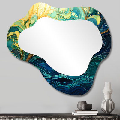 Encre brillante verte et jaune II - Collages abstraits de formes asymétriques - Grand miroir mural moderne