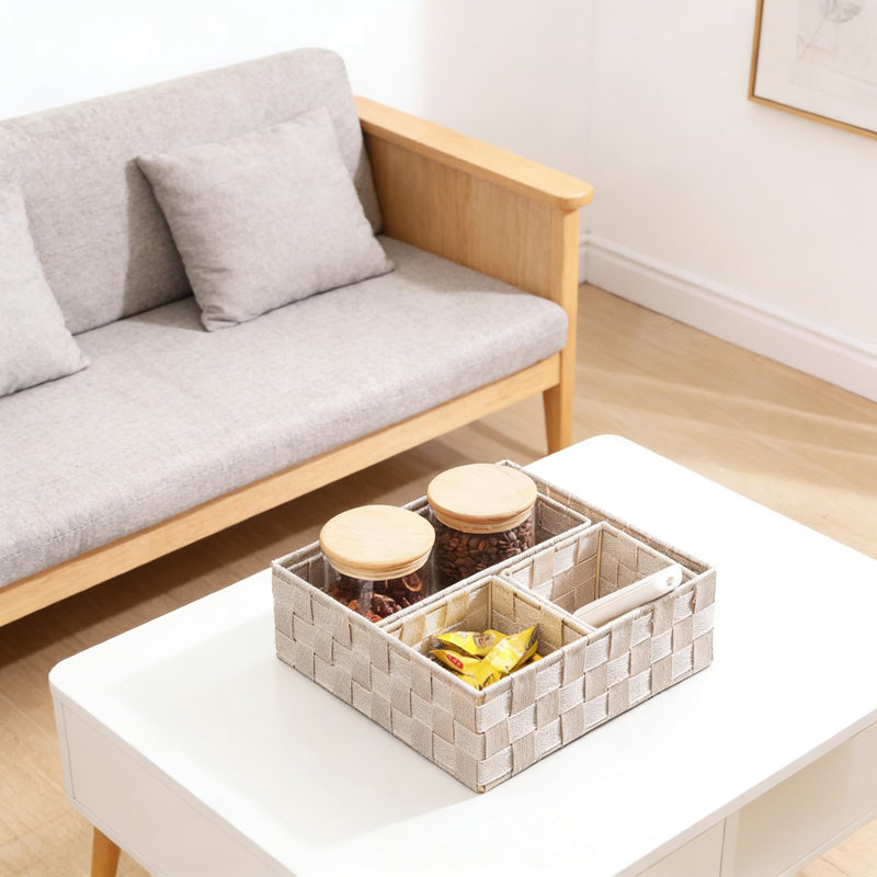 Stackable Woven Storage Bins With Lids And Metal Frame - Set Of Polypropylene Organizer Baskets For Closet, Shelf, Drawer, Nursery And Office Organization
