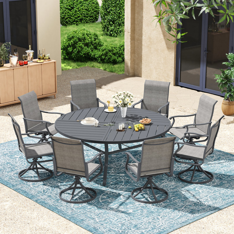 Ensemble repas pour 8 personnes avec table de salle à manger ronde de 60 po et 8 chaises pivotantes en textilène, Gris / Gris