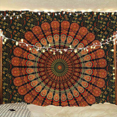 Handmade Bohemian Peacock Mandala Tapestry Wall Hanging, Cotton Hippie Throw Decor for Bedroom, Dorm, Beach, Table Cover (54" x 60", Golden Green)​ ​