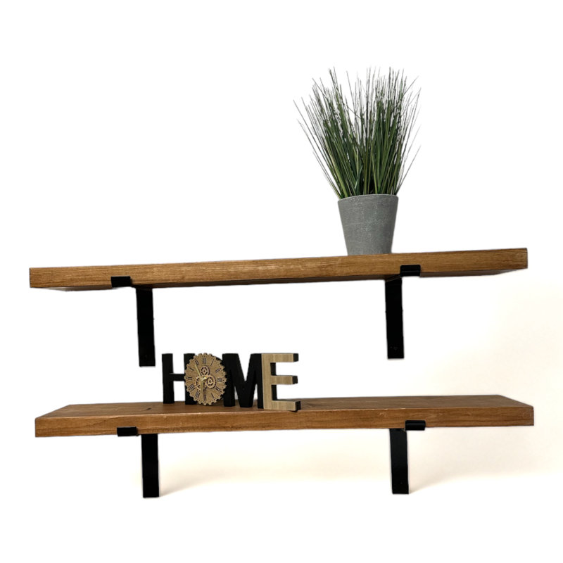 Lemieux Handcrafted Rustic Wooden Wall-Mounted Floating Shelves with Black L Brackets, Tudor Oak, 4.5cm H x 100cm W x 22cm D