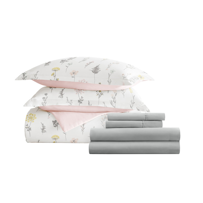 8-Piece Reversible Bedding Bundle - Patterned Duvet Cover, Comforter Insert and Solid Sheet Set, Pink Floral