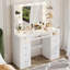 Bureau de meuble-lavabo avec miroir éclairé, 3 modes de couleurs, plateau en verre, 4 tablettes et prise de courant - coiffeuse de maquillage pour chambre à coucher-133931392-134071996