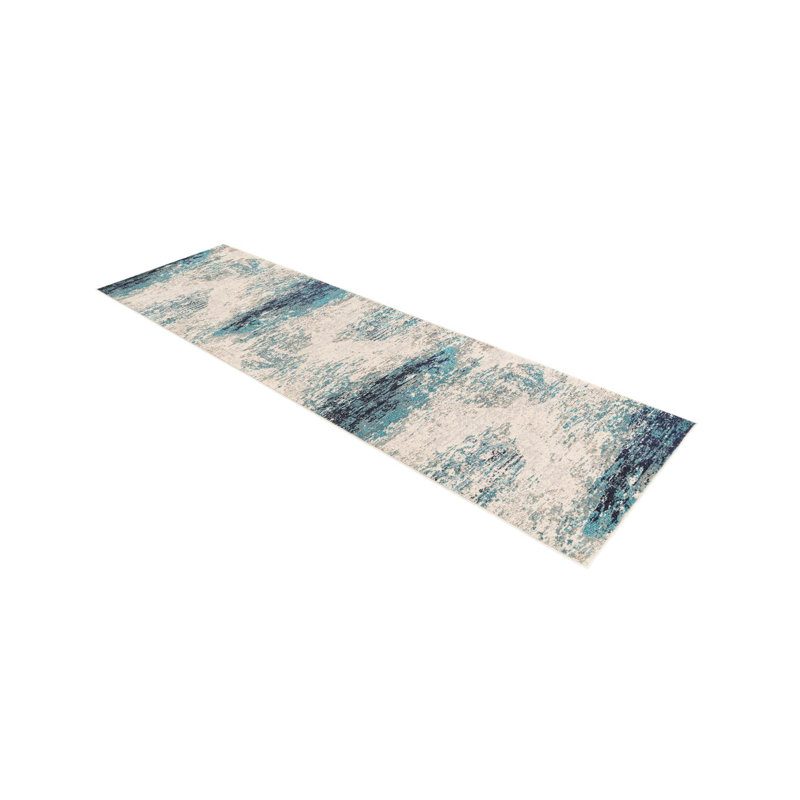 Abstract Beige/Blue Area Rug, Runner 2'7" x 12'