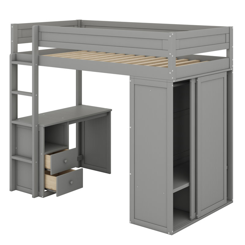 Lit mezzanine avec placards et bureau à 2 tiroirs avec armoire, Gris