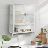 Glass Doors Modern Two-Door Wall Cabinet With Featuring Two-Tier Enclosed Storage, An Open Shelf, And Towel Rack