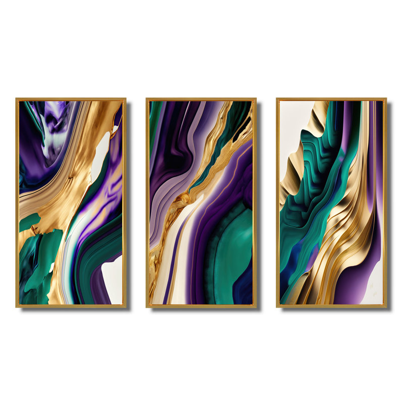 «Mauve, vert et or, coups audacieux», 3 pièces sur toile, Or, H 40 po x l 60 po